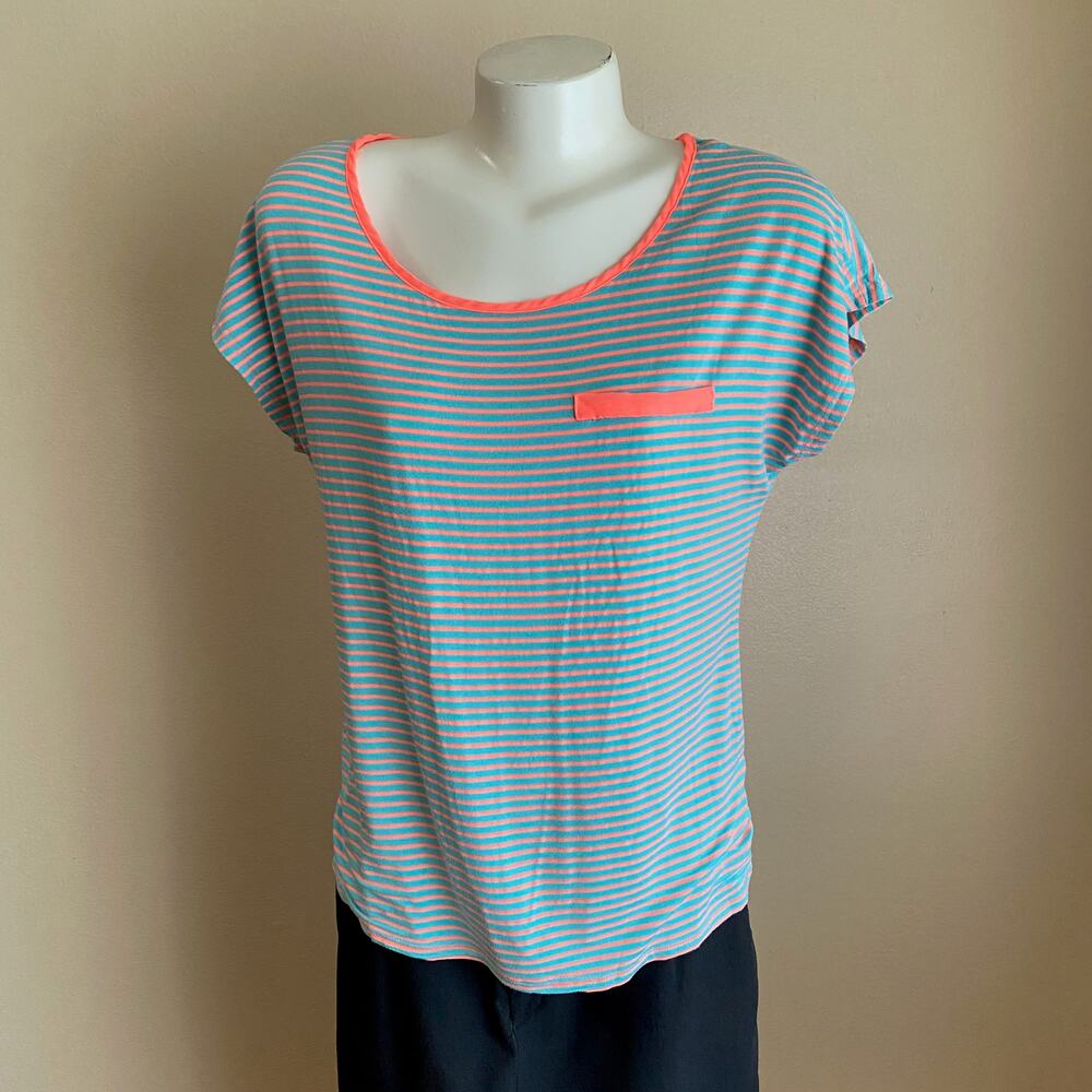 Robin K Large Pink Blue Blouse Stripes Keyhole Lightweight Summer Faux Pocket